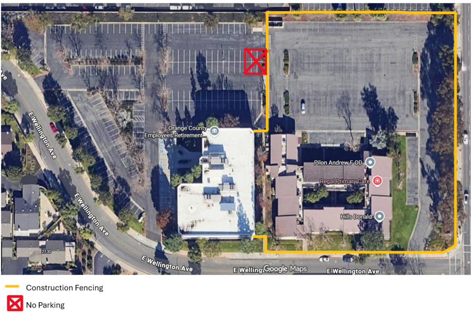 No access to the OCERS parking lot from Tustin Avenue or the driveway at the corner of Wellington and Tustin. Please enter through Wellington Avenue.