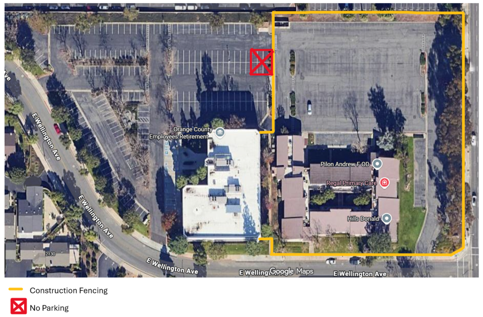 No access to the OCERS parking lot from Tustin Avenue or the driveway at the corner of Wellington and Tustin. Please enter through Wellington Avenue.