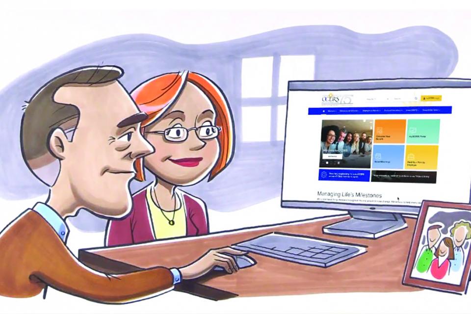 A couple sitting looking at OCERS' homepage on computer monitor